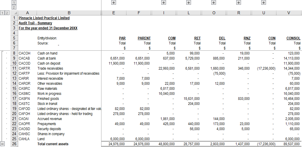 Image shows a screenshot of the summary audit trail Excel.